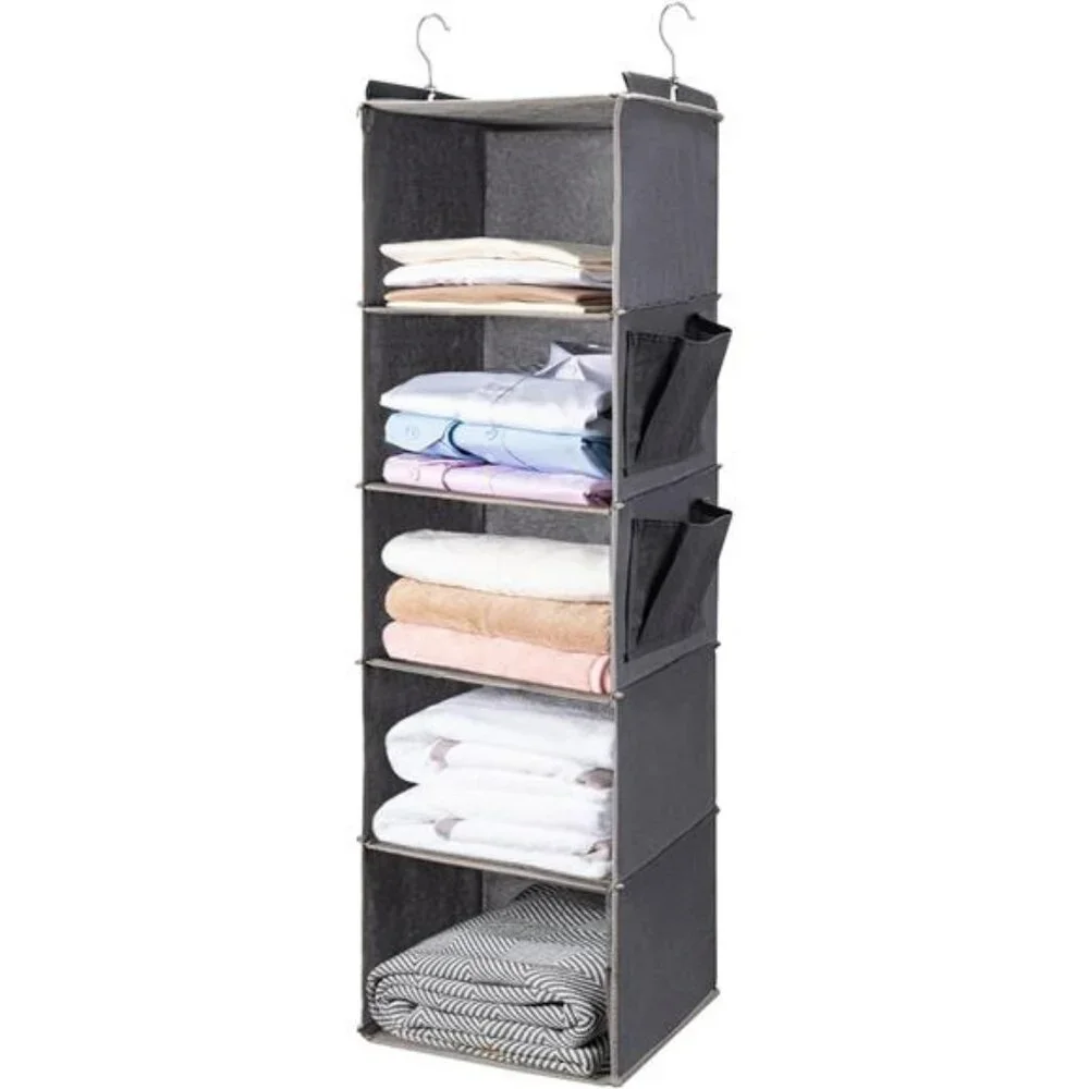 Hanging closet organizer 5 tier shelves with side pockets foldable storage grey